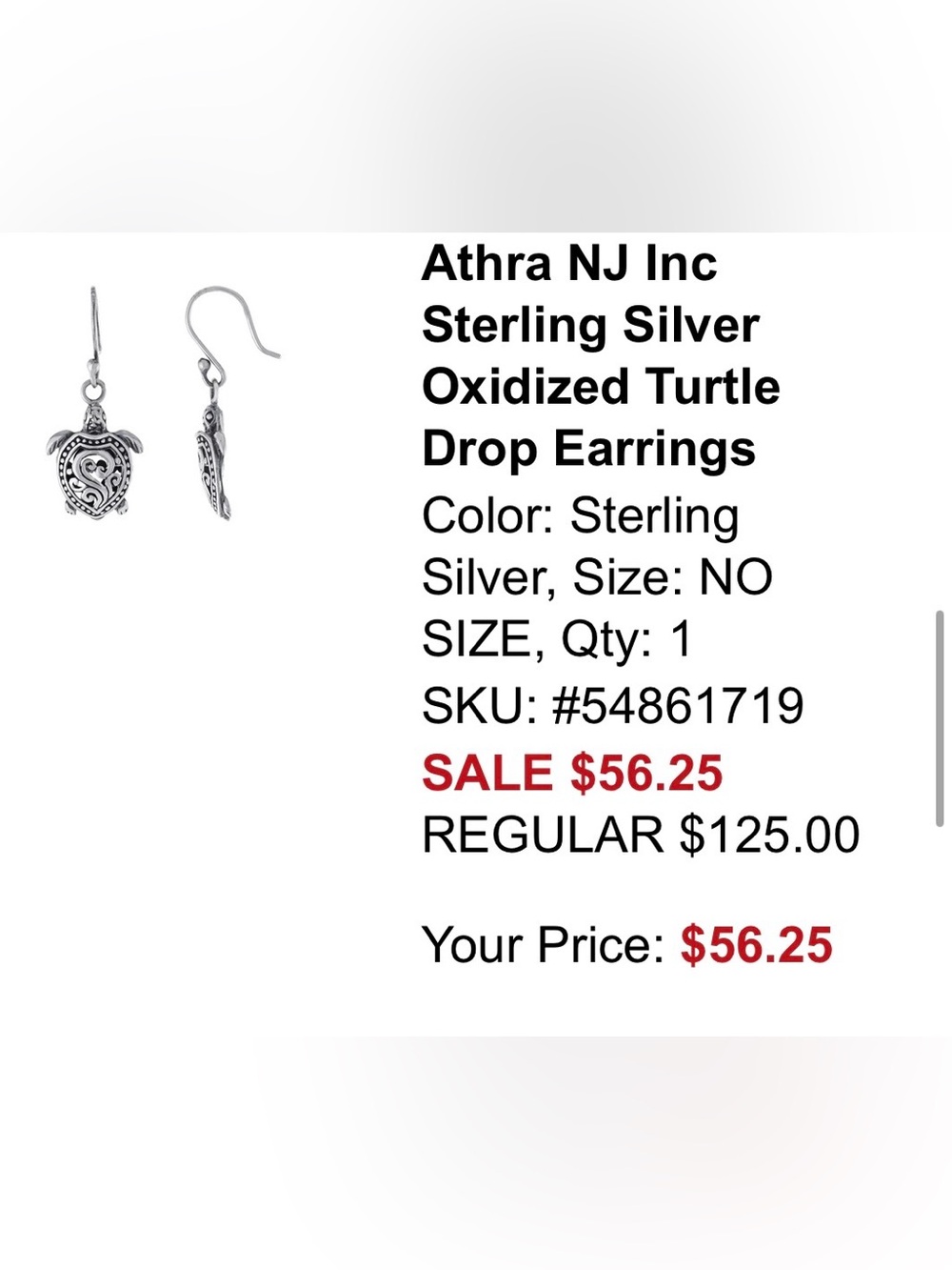 Athra NJ Sterling Silver Filigree Turtle Drop Earrings NWOT - Picture 5 of 6